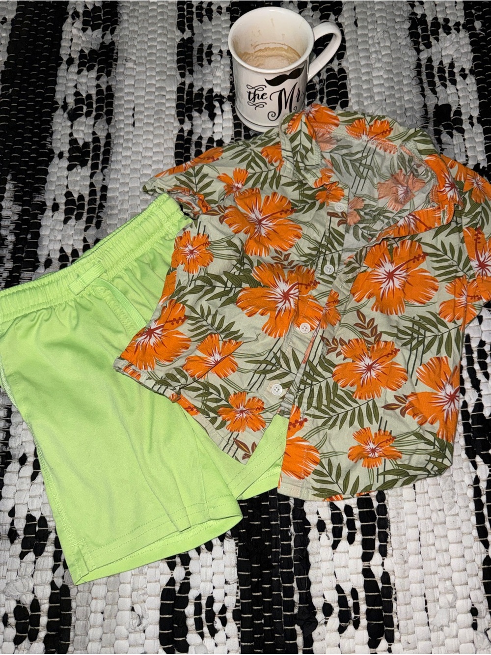 Tropical Orange Floral Button-Up with Lime Green Shorts
